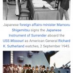 Japanese foreign affairs minister Mamoru Shigemitsu signs the Japanese Instrument of Surrender aboard the USS Missouri as American General Richard K. Sutherland watches, 2 September, 1945. Japanese foreign affairs minister Mamoru Shigemitsu signs the Japanese Instrument of Surrender aboard the USS Missouri as American General Richard K. Sutherland watches, 2 September, 1945.